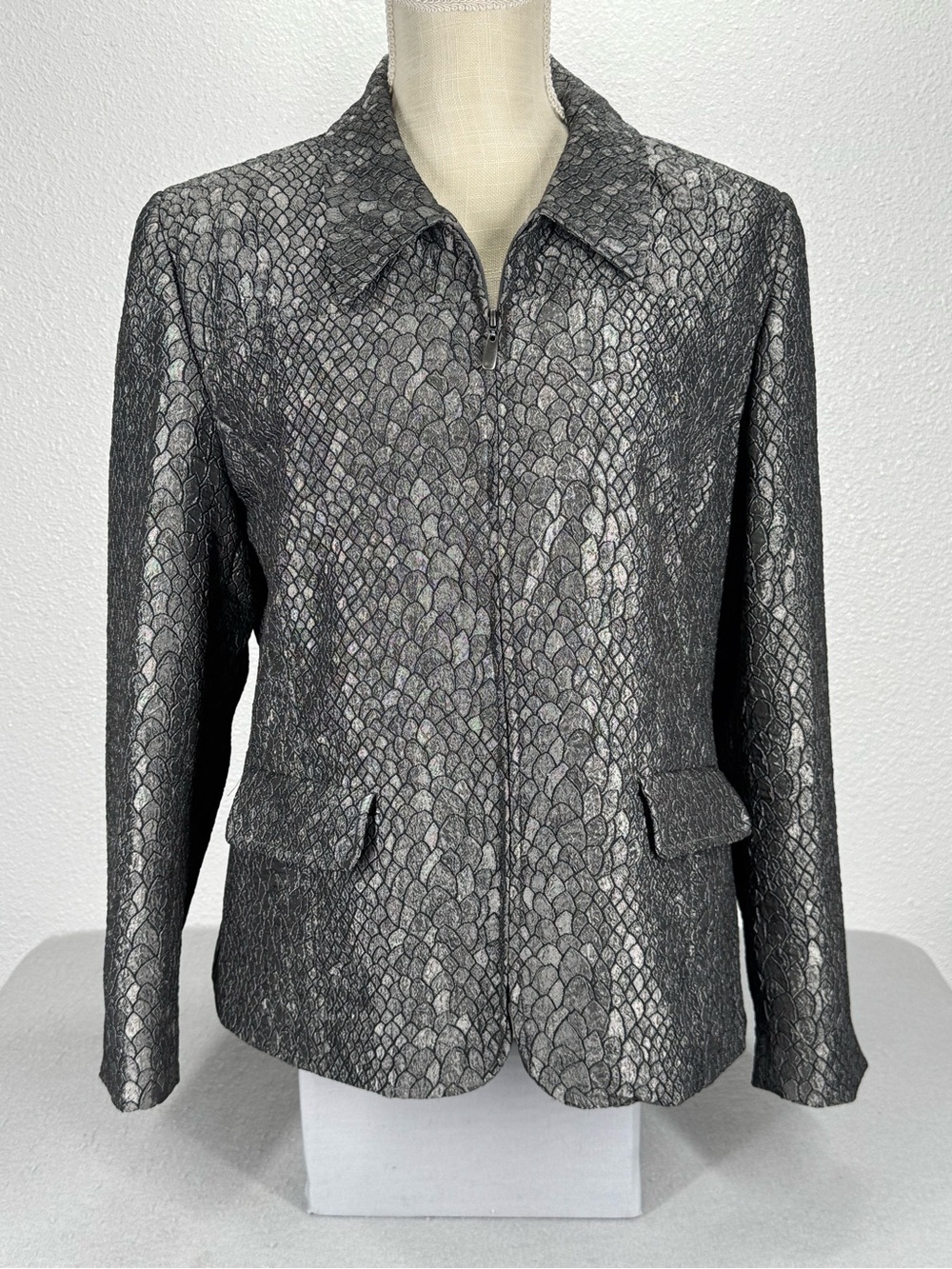 Alfred Dunner Petite Metallic Gray Textured Zip-Front Womens Jacket 14P